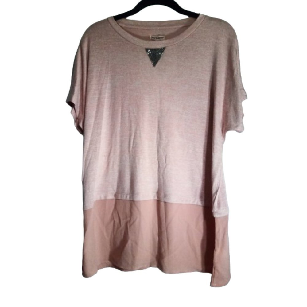 Juicy Couture Pullover Top Sz L Pink Short Sleeves Embellished Neckline